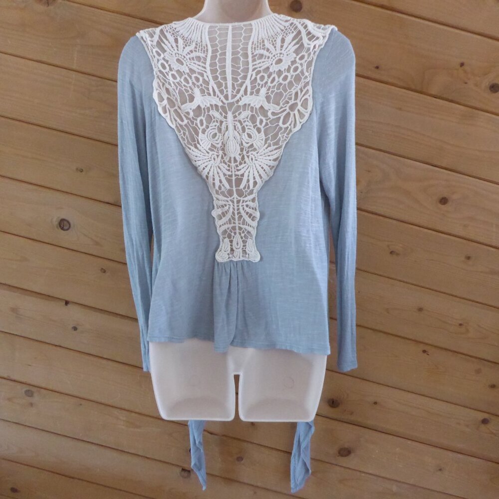 g.b.a. Blue Slate Blue Cream Crochet Back Wrap Kimono Open Front Cardigan Top M